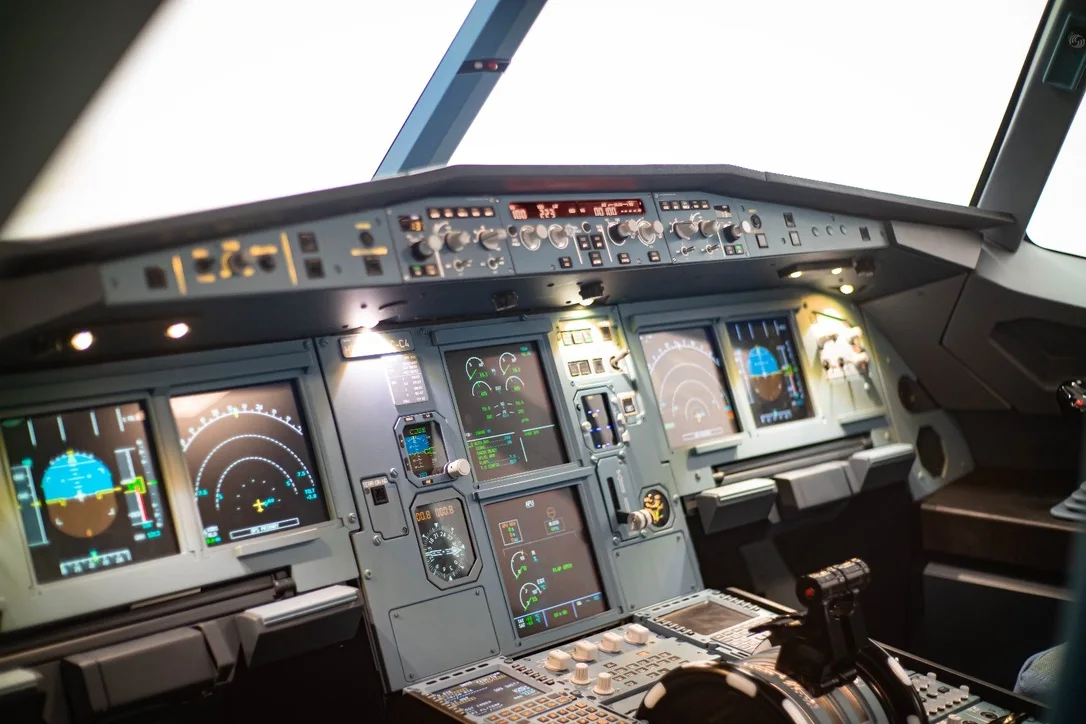 Instrument panel detail of a SkyDynamics A320 simulator