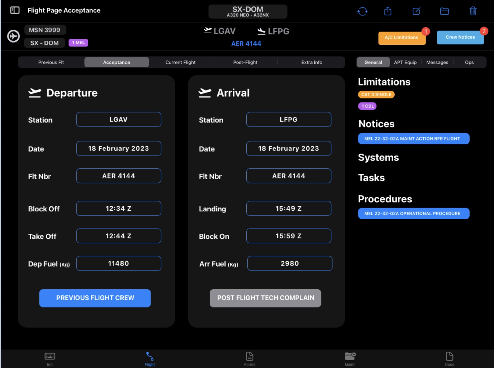 AeroTechLog flight acceptance page: departure and arrival data on the left; limitations, notices and MEL procedures for the aircraft on the right.