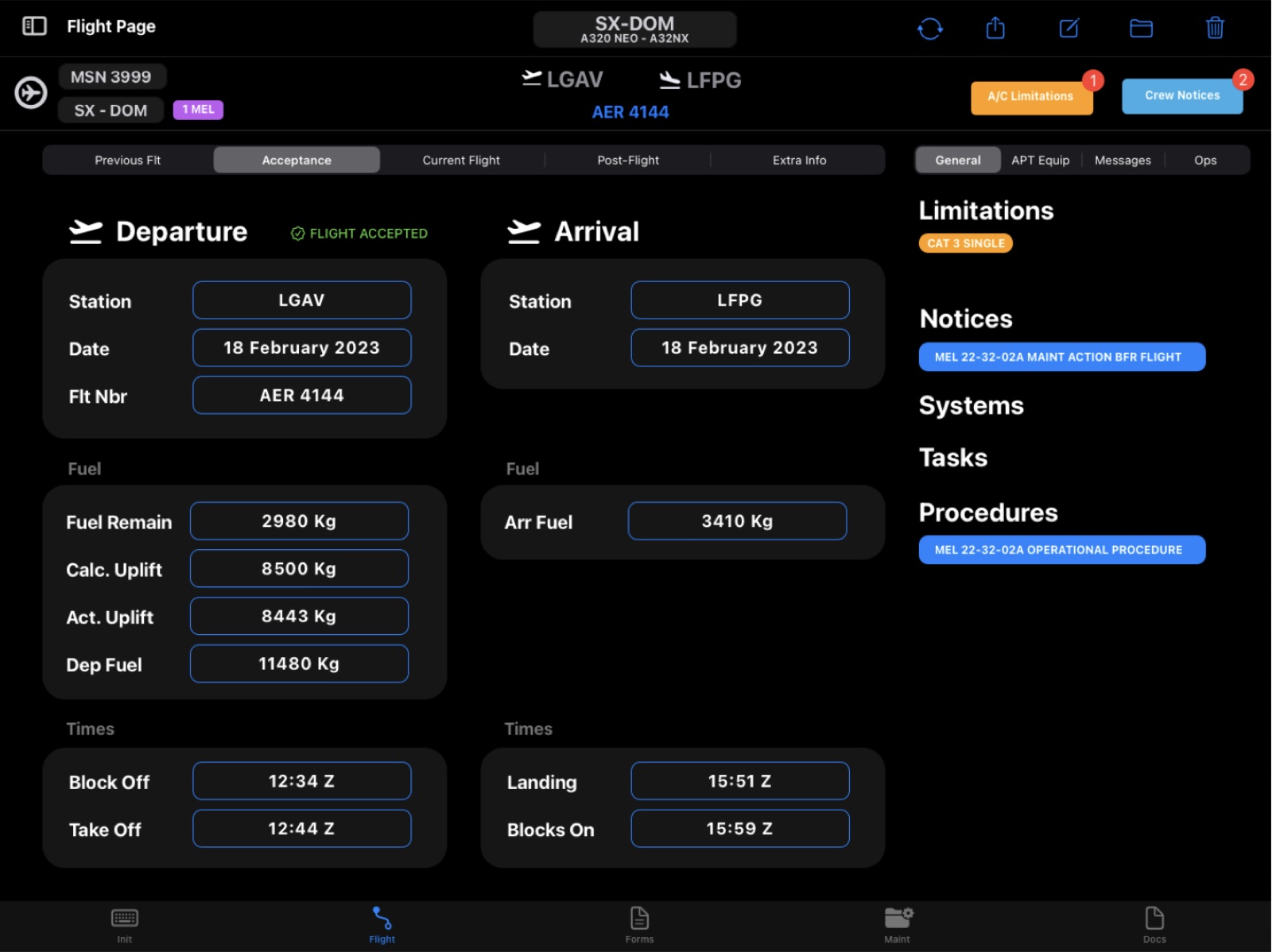 AeroTechLog flight page after acceptance: fuel remaining, uplift and departure fuel, and the block-off, take-off, landing and block-on times.
