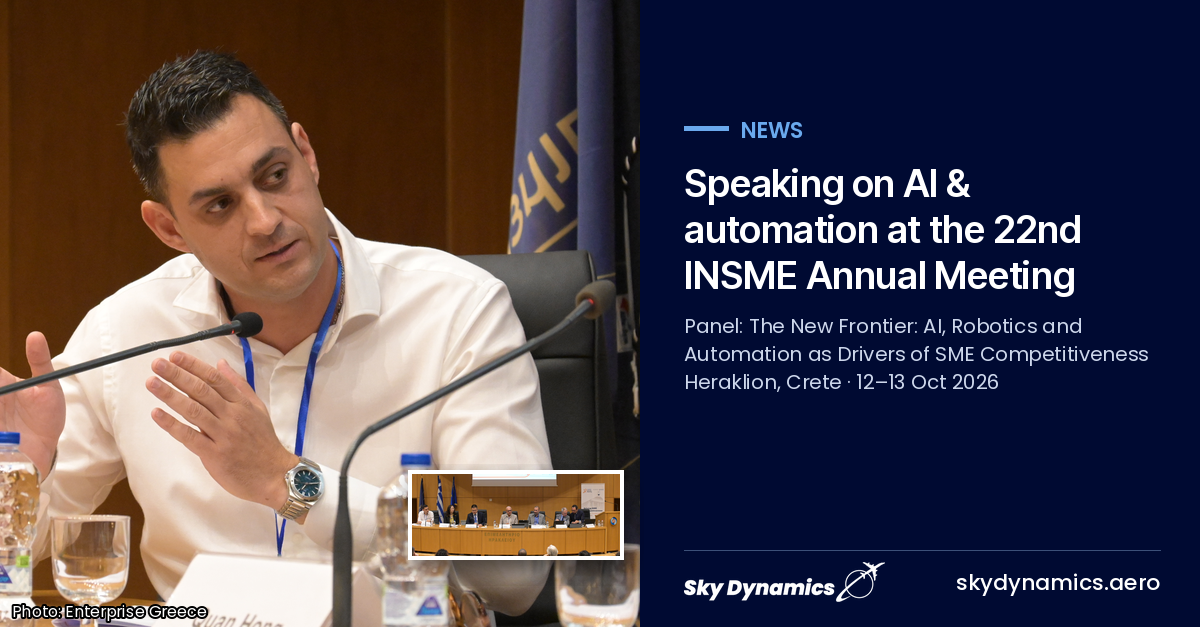 Emmanouil Lidakis, CEO of SkyDynamics, speaking on a panel on AI, robotics and automation at the 22nd INSME Annual Meeting in Heraklion, Crete
